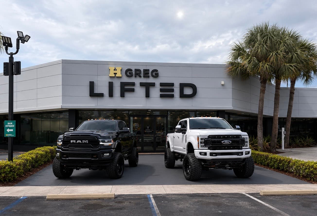 HGreg Lifted dealership with lifted trucks out front
